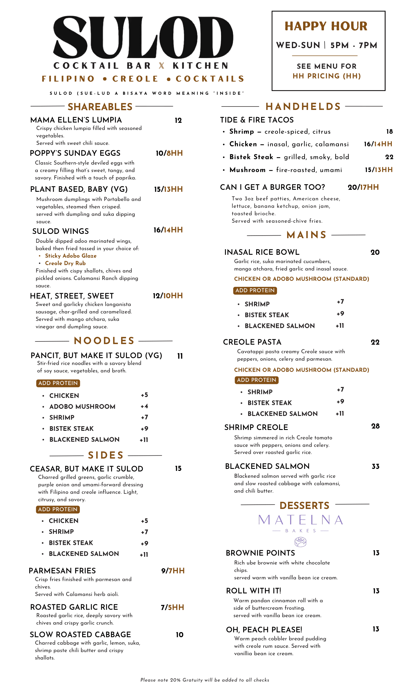 The Sulod menu: Filipino and Creole shareables, noodles, sides, handhelds, mains, and desserts by Matelna Bakes. Open the PDF for a screen-reader-friendly version.