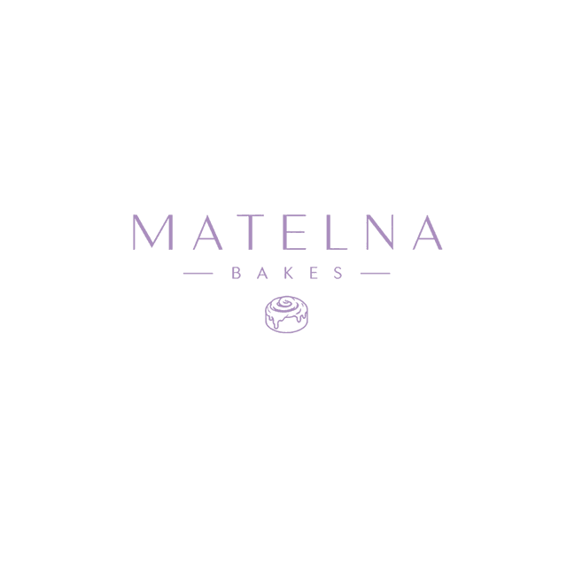 Matelna Bakes logo — a lavender wordmark over a frosted cinnamon roll